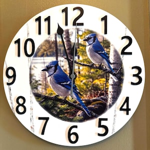 May include: Round wall clock with a white face and black numerals. The clock features a central image of two blue jays perched on a tree branch. The clock hands are black. The clock has a rustic, distressed wood-like border.