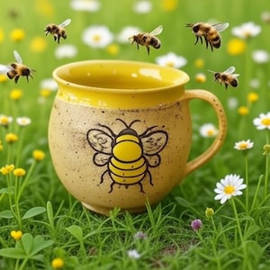 Keramische mok met bijenmotief, handgemaakt