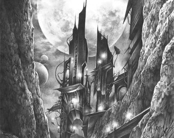 ORIGINAL fantasy illustration by Katarzyna Kmiecik / original pencil drawing, futuristic art, imaginary world, future architecture, realism