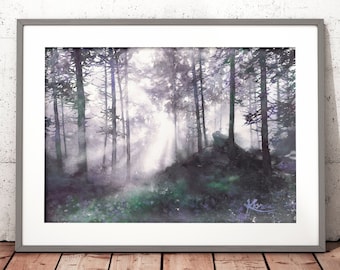 Dunkler Wald Wandbild, Wald, Nebel Wald Aquarell Druck, stimmungsvoller Kunstdruck, Bäume Malerei, Sonnenstrahlen im Nebel, Baum Umarmung Geschenk