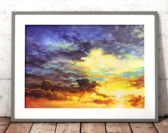 orange blue sunset sky ART PRINT - watercolor sunset art, colorful giclee print, watercolor clouds, minimalistic print, atmospheric artwork