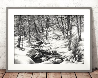 winter drawing art print - winter landscape pencil drawing - winter trees print - frozen stream drawing - winter wall art - black and white