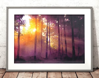 watercolor print | purple wall art, bedroom decor, watercolor painting, housewarming gift, watercolour, sunset forest painting, colorful art