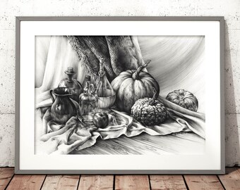 pencil still life print - pencil drawing print - realistic still life - pumpkins drawing - dining room wall decor - classical drawing prints