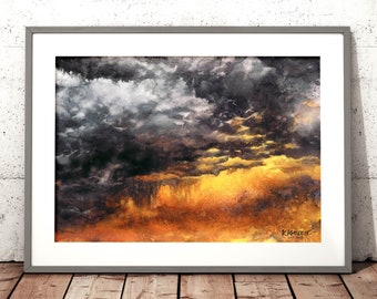 dramatic sky art print -  storm sky watercolor print - watercolor clouds painting - dark clouds art print - orange-purple giclee art print