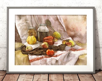 nature morte aquarelle PRINT by Katarzyna Kmiecik / impression de légumes, nature morte, nature morte réaliste, décor de cuisine, aquarelle