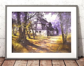 Farbenfroher Aquarell Kunstdruck | DRUCKE Wandkunst, Aquarell Landschaft, Wohnzimmer Dekor, Cottage, Aquarell Architektur, bunte Kunst