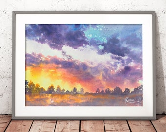 art print of watercolor sunset, colorful landscape print, soothing wall decor, sky watercolor art, perfect gift for her, rainbow themed room