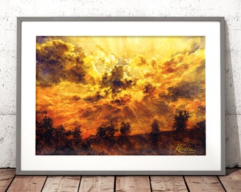 sky on fire wall art prints, aquarelle print, watercolor painting print, red sunset sky watercolor, cloudscape painting, bedroom wall decor