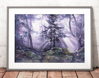 watercolor landscape painting print, aquarelle, light in the misty forest,  above the bed wall art prints