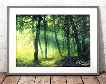 Sun shining through the trees, watercolor painting, forest light, green watercolor wall art prints, landscape artwork, green theme pictures