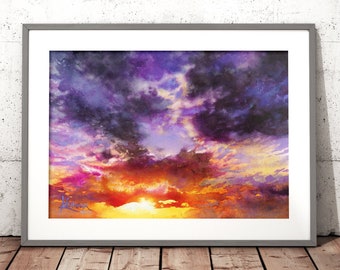 watercolor sunset painting print, aquarelle print, sunset wall art, sunset clouds, warming light, colorful watercolor, atmospheric painting
