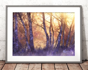 sunny treescape, watercolor painting wall art prints, aquarelle print, moody landscape painting, forest light, purple trees watercolor