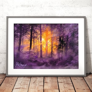 moody watercolor painting print, woodland, misty forest wall art prints, purple trees watercolor, tree lover gift idea, purple theme picture image 1