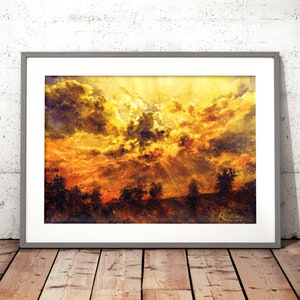 sky on fire wall art prints, aquarelle print, watercolor painting print, red sunset sky watercolor, cloudscape painting, bedroom wall decor