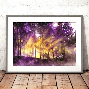 art print of minimalistic watercolor landscape watercolor forest print, purple forest, tree artwork, nature lover gift image 1