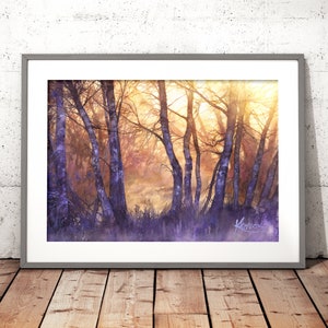 sunny treescape, watercolor painting wall art prints, aquarelle print, moody landscape painting, forest light, purple trees watercolor