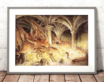 watercolor illustration art print - dragon wall art, fantasy dragon artwork, game room decor, book lover gift, fantastic creature