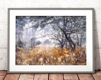 rainy watercolor landscape print, acuarela, moody wall art prints, leafless trees, tree branches, grey theme pictures, trees in the rain