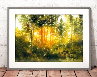green watercolor treescape wall art prints, housewarming gift, landscape art print, green theme pictures, sunlight painting, warming light