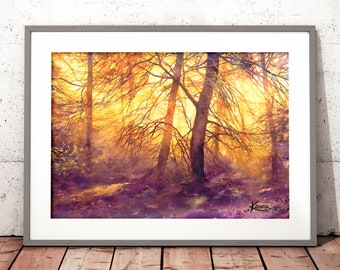 sunny forest wall art print, anniversary gift, trees landscape print, atmospheric watercolor painting, sunlight painting print, tree artwork