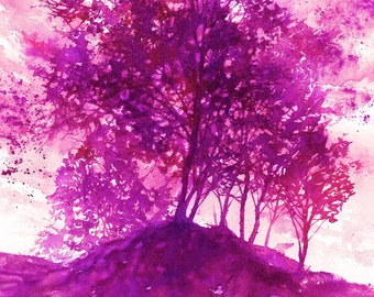 purple trees original watercolor, watercolor painting, aquarelle originale, minimalistic wall art, abstract tree art, nature lover gift