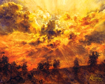 red sunset watercolor painting, aquarelle art, original watercolor sunset clouds, sky on fire, backlit clouds, warming light, dramatic sky