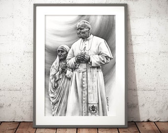 religiöse Wandkunst, christliche Wandkunst, Devotionalienkunst, Taufgeschenkidee, Porträt des katholischen Papstes Johannes Paul II und Mutter Teresa