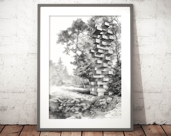 Jenga tower PRINT by Katarzyna Kmiecik / Jenga drawing print, wooden construction, Jenga architecture, perspective sketch, big giclee print