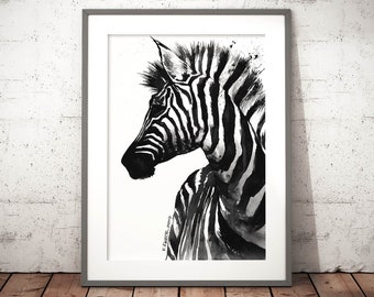 zebra print - watercolor painting, nursery wall art, wall art prints, watercolor print, black and white prints, nursery prints, animal art