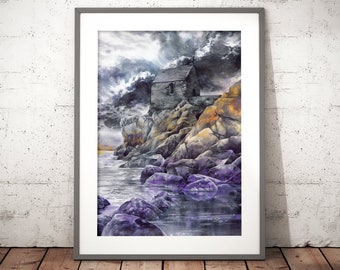 seascape watercolor print, Mont Saint Michel, watercolor painting wall art, small chapel, sea rocks, traveller gift idea, aquarelle print