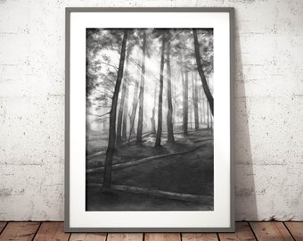 dark forest PRINT by Katarzyna Kmiecik / pencil forest, landscape print, trees drawing, pencil trees, woods sketch, pine trees drawing,