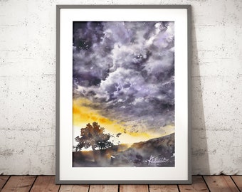 storm clouds wall art prints, cloudscape, watercolor landscape painting print, grey watercolor art, tree artwork, sky lover gift, cloudy sky