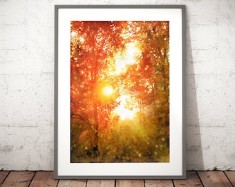 arbres rouges coucher de soleil art mural, aquarelle peinture giclee art print, aquarelles arbres, cadeau amoureux de la forêt, paysage d’automne, peinture à la lumière du soleil