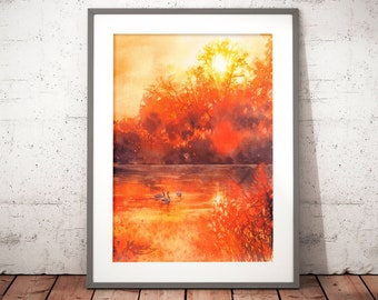 red watercolor art print, sunset landscape, sunset painting print, watercolor painting print, red wall art prints, red theme pictures