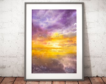 purple sea sunset wall art prints, ocean print, watercolor sky painting print, atmospheric seascape, sea lover gift, vibrant color art