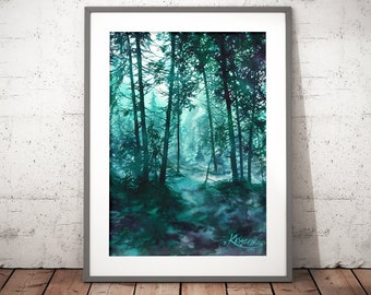 turquoise watercolor wall art prints, aquarelle, winter forest print, trees artwork, watercolor landscape painting, blue themed pictures