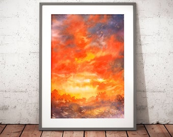 watercolor print of the red clouds, moody landscape art, red wall art prints, watercolor sky, sunset lover gift idea, red theme picture