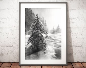 snowy tree drawing wall art prints, winter landscape print, Christmas wall decor, pencil drawing, snowscape, landscape drawing, pencil art