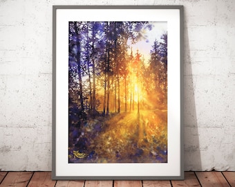 watercolor sunset landscape, blue yellow wall art prints, watercolor forest print, sunlight art, nature lover gift, gift for a tree hugger