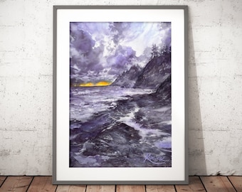 seascape painting print, coastal watercolor wall art prints, aquarelle, rocky shore, storm clouds, atmospheric painting, blue theme pictures