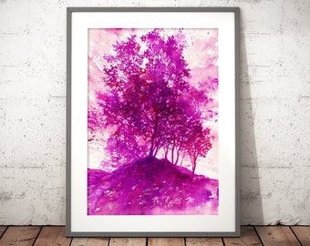 trees watercolor wall art prints, violet, abstract print, colorful landscape print, nature enthusiast, tree hugger gift, purple wall decor