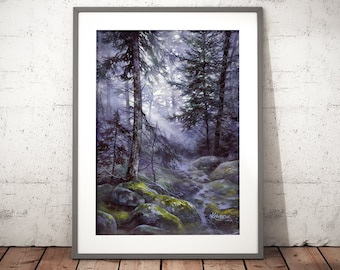 misty forest wall art prints, scandinavian landscape painting, aquarelle painting print, watercolor trees, forest lover gift, dark forest