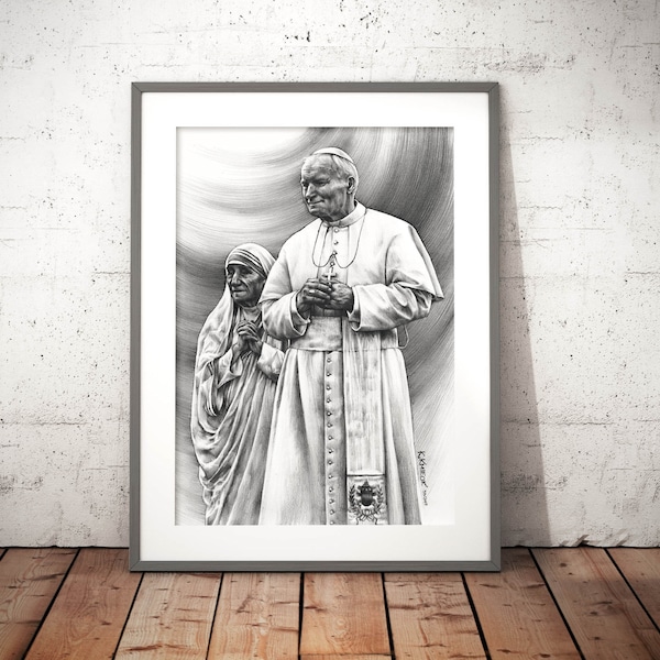 religious wall art prints, Christian wall art, devotional art, baptism gift idea, portrait of Catholic Pope John Paul II and Mother Teresa