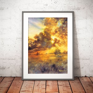 cloudy sky painting print, sunset sky wall art prints, moody watercolor landscape, sunset clouds, warm sunset light, above bed wall decor image 1