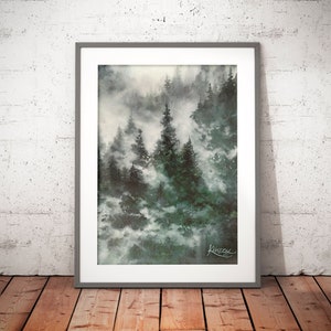 misty mountains forest watercolor, aquarelle artwork, foggy landscape watercolor painting, trees wall art prints, green theme pictures image 1