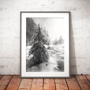 snowy tree drawing wall art prints, winter landscape print, Christmas wall decor, pencil drawing, snowscape, landscape drawing, pencil art image 1