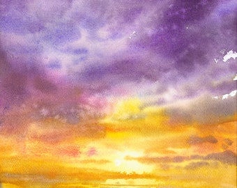 sea sunset original watercolor, purple watercolor seascape painting, aquarelle paintings, sunset wall art, sky reflection, beach house decor