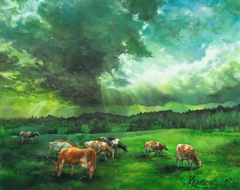 green watercolor painting of the rural landscape - cows under the dramatic clouds, original watercolor, atmospheric painting, farmhouse art