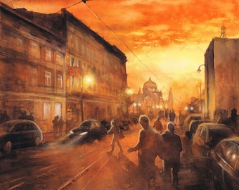 city at night watercolor painting, aquarelle, sunset in the city, warming artwork, atmospheric painting, city lights, night street painting